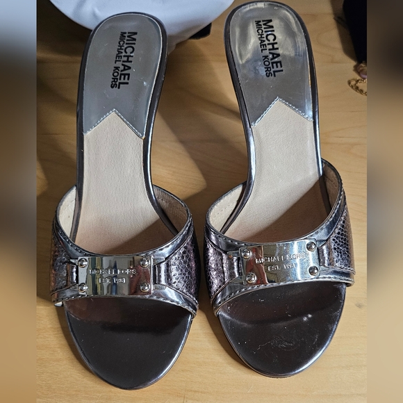 MICHAEL Michael Kors Shoes - MICHAEL Michael Kors silver open toe mules with 3 inch heels EUC